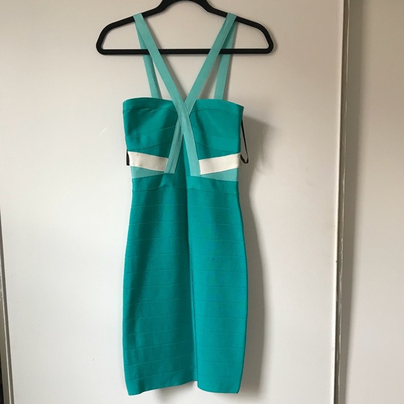 Turquoise Bebe Bodycon Bandage Dress - Picture 1 of 5